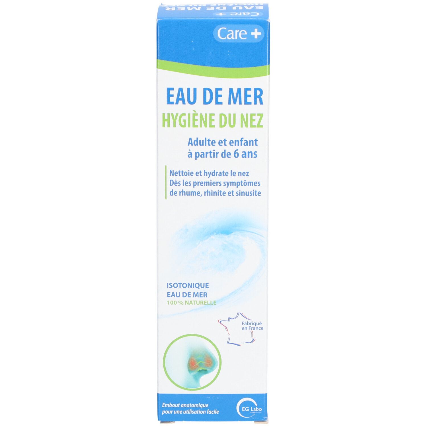 Productverpakking. Opschrift: CARE+ Eau de mer Hygiène du nez. Voor volwassenen en kinderen vanaf 6 jaar. 125 ml.