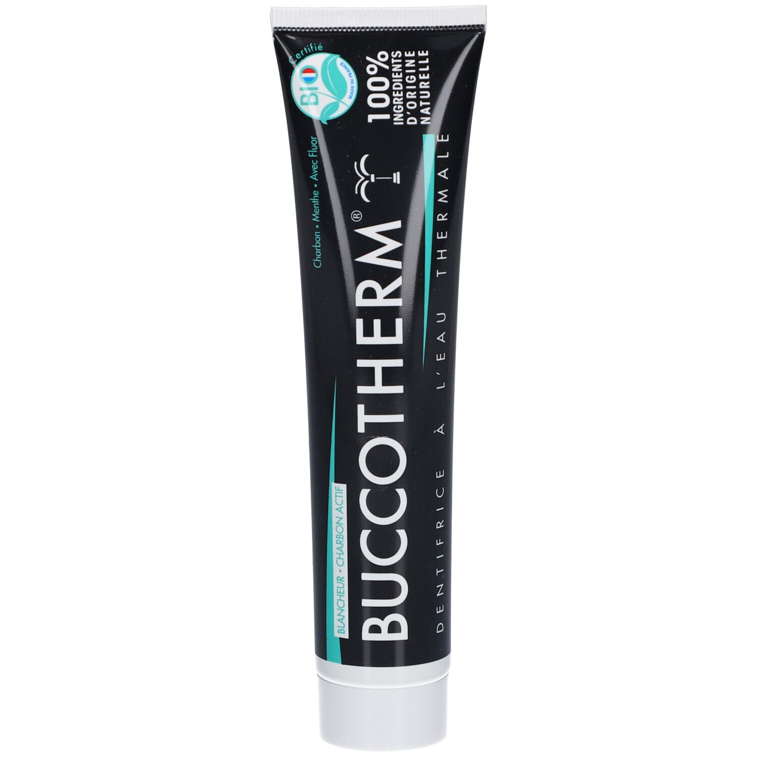 Zwarte tandpastatube. Opschrift: BUCCOTHERM, Dentifrice à l'Eau Thermale, 100% ingrediënten van natuurlijke oorsprong. Bio-logo.