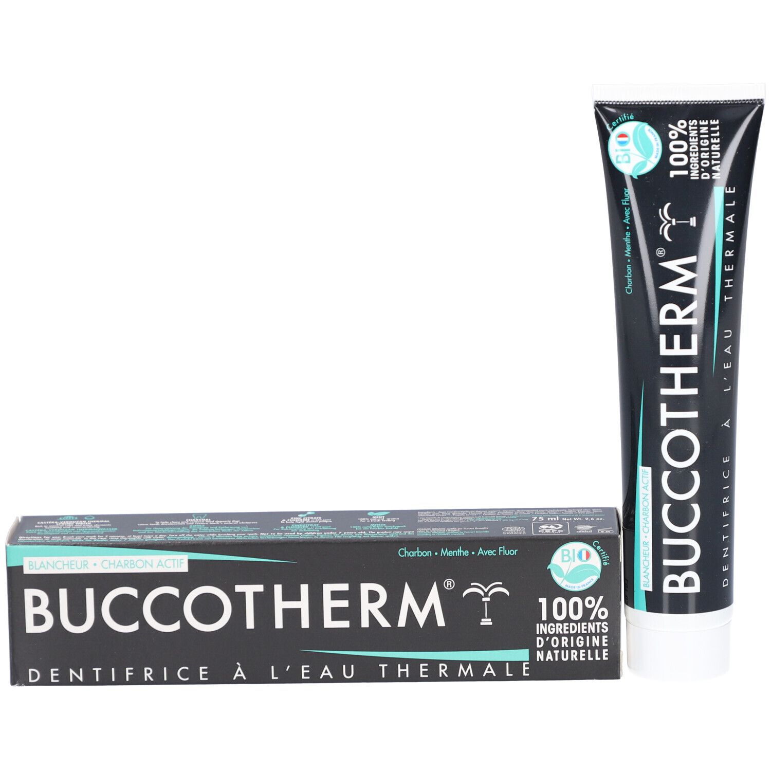 Tandpasta tube en doos. Opschrift: BUCCOTHERM, Dentifrice à l'Eau Thermale. Doos met Bio-logo en 100% natuurlijke ingrediënten.