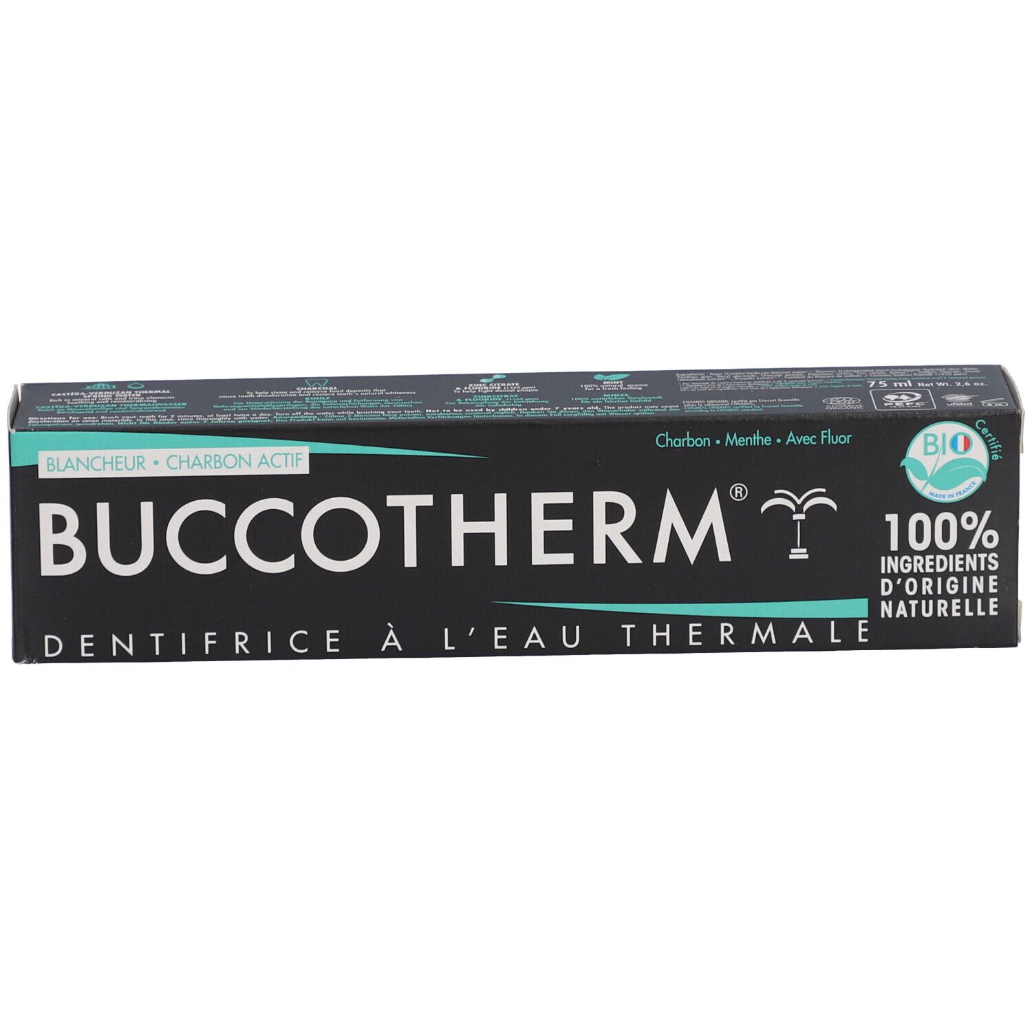 Zwarte doos met opschrift: BUCCOTHERM, Dentifrice à l'Eau Thermale. Bio-logo en 100% natuurlijke ingrediënten.