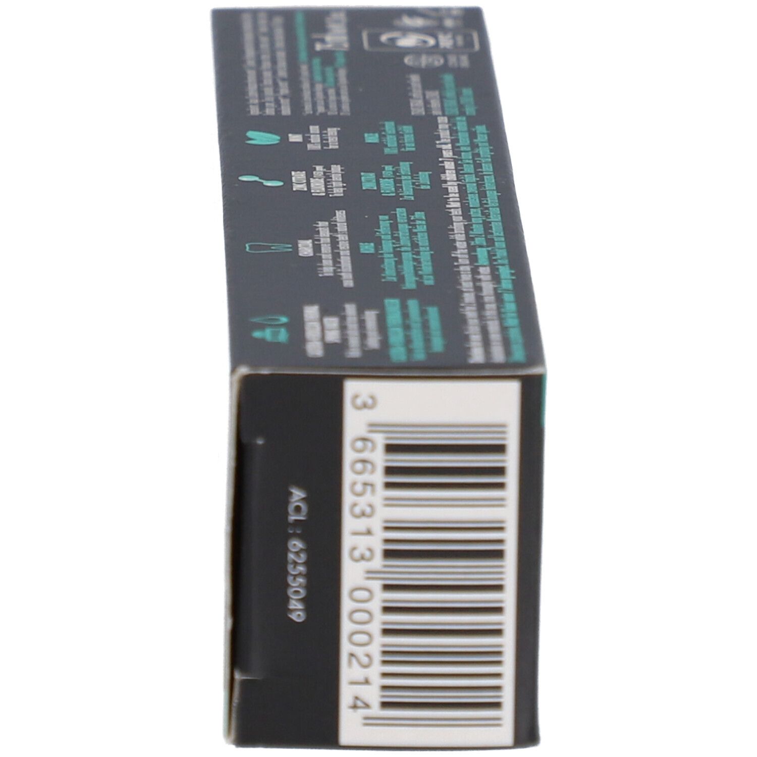 Zijaanzicht van een zwarte doos. Barcode en informatie. Bevat informatie over het product.