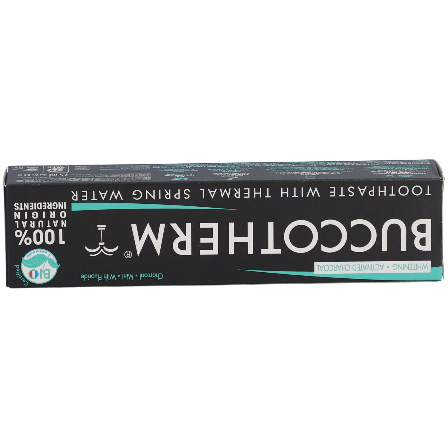 Zwarte doos met opschrift: BUCCOTHERM, tandpasta met thermaal water. 100% natuurlijke ingrediënten. Bio-logo.