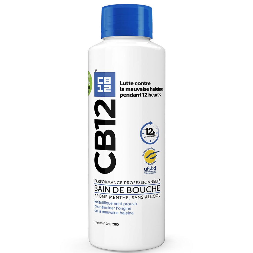 CB12 mondspoeling. Witte fles met blauwe dop. Bestrijdt slechte adem 12 uur lang. Zonder alcohol. Muntsmaak.