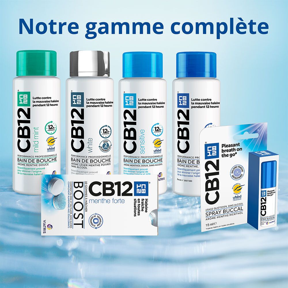 Verschillende CB12 producten: mondspoelingen, tabletten, spray. Allemaal met CB12 logo.