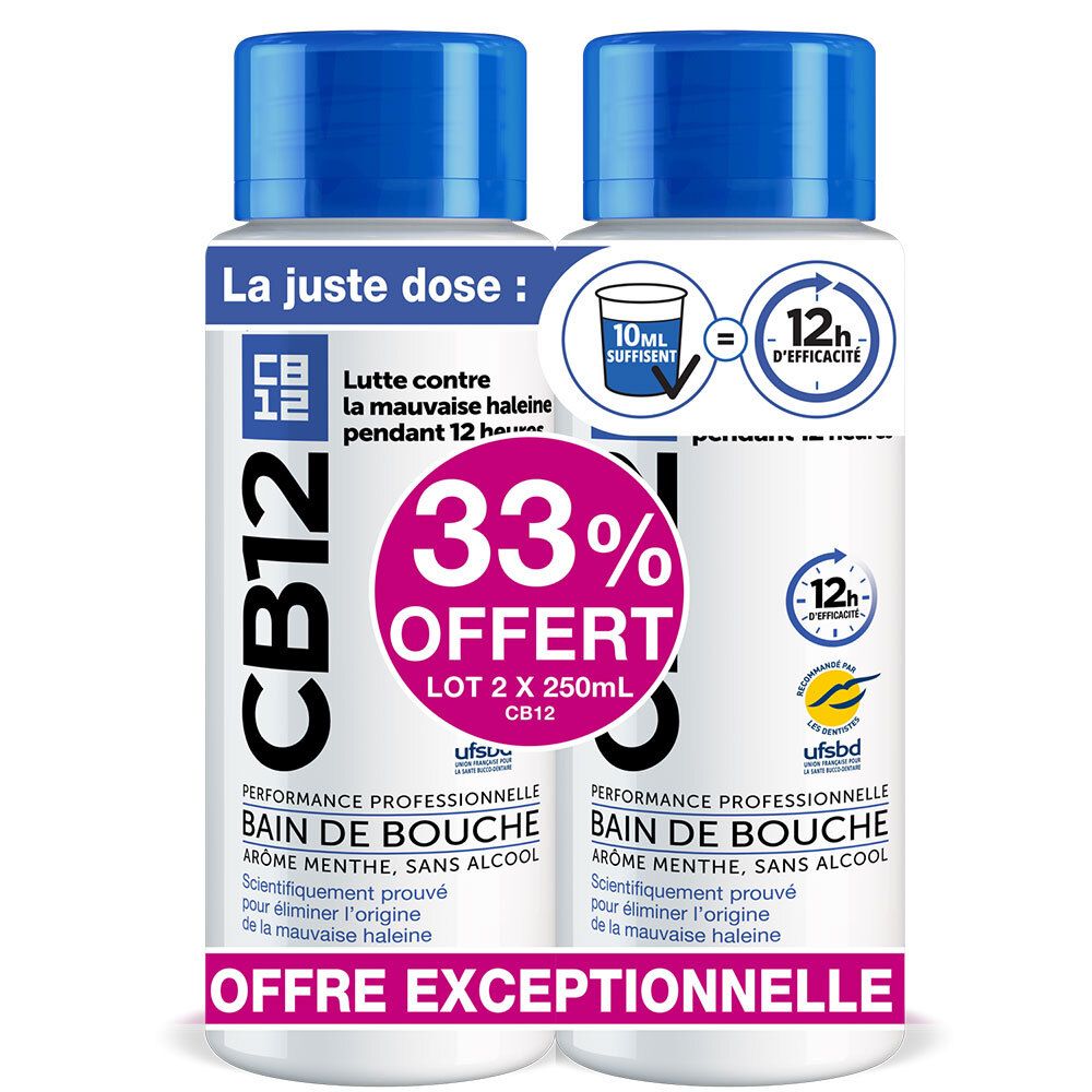 Twee flessen mondspoeling, blauw-wit design, met opschriften. Roze etiket met tekst. 33% korting aanbieding.