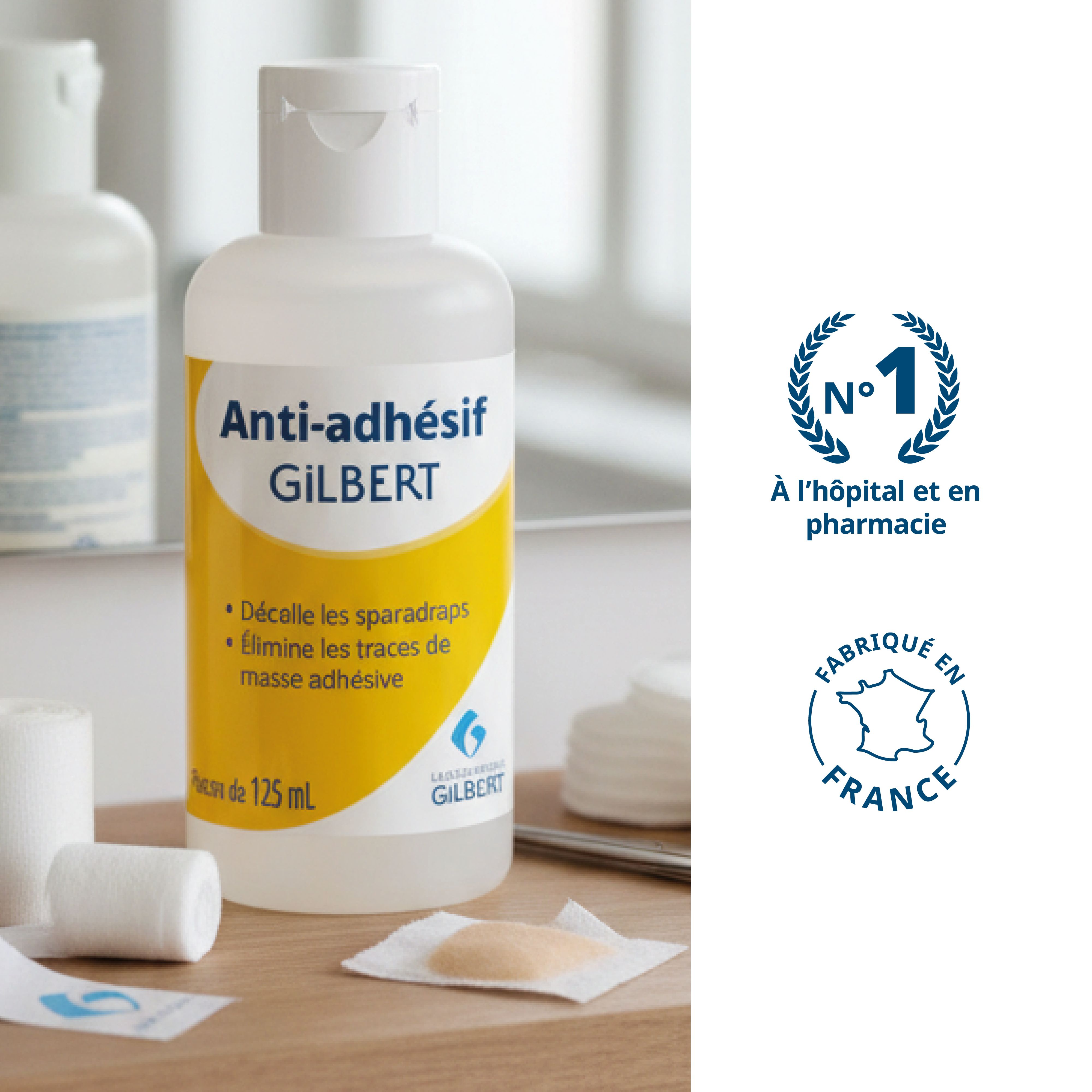 Fles Anti-adhésif Gilbert. Label: Nr. 1 in ziekenhuis en apotheek. Gemaakt in Frankrijk.