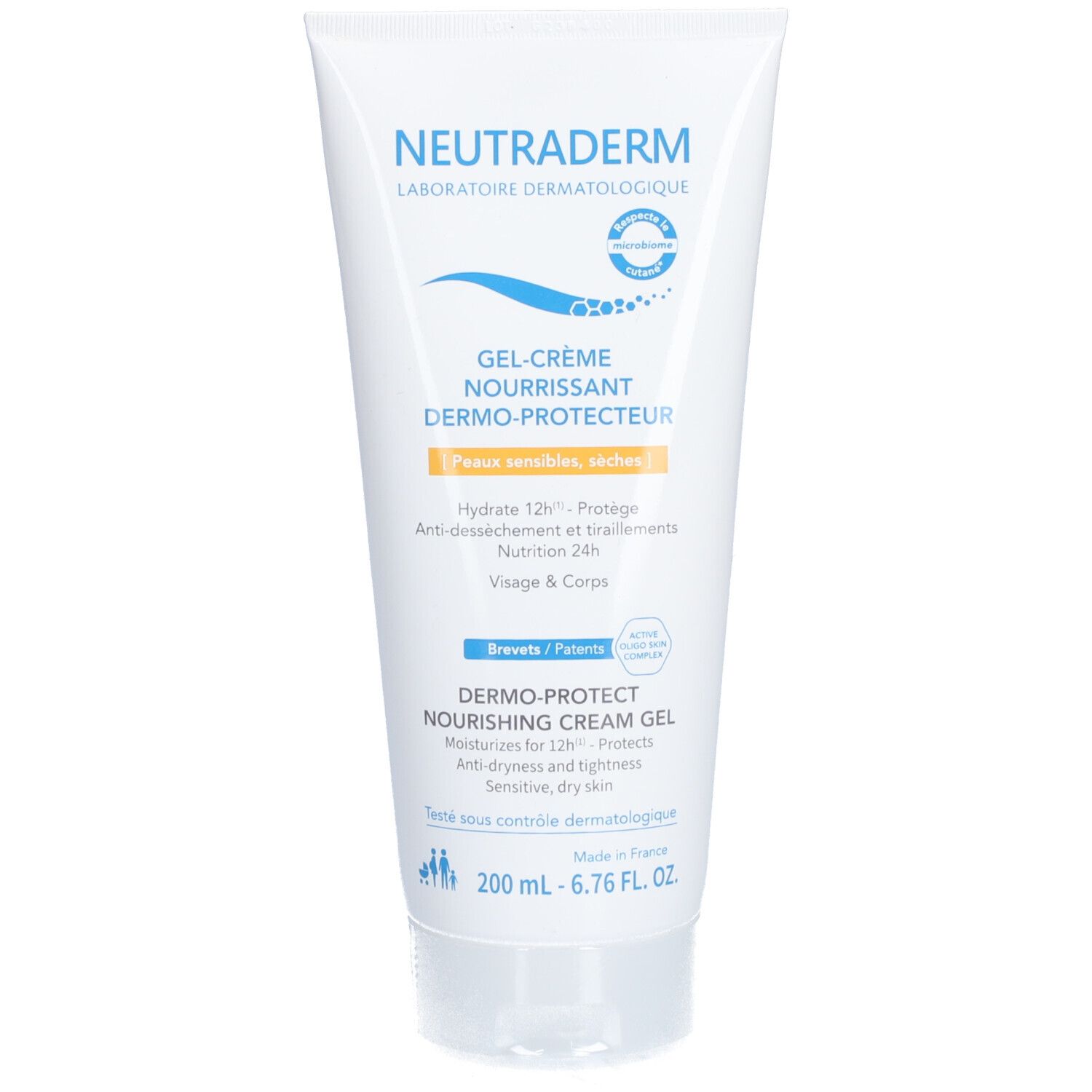 Witte tube met blauwe tekst. Bevat Gel-Crème Nourrissant Dermo-Protecteur. Dermatologisch getest.