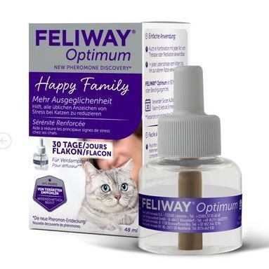 Feliway Optimum flacon en verpakking. Flesje met grijze kop, transparante vloeistof. Verpakking met productnaam, kat en tekst.