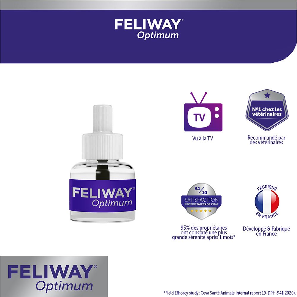 Feliway Optimum diffuser. Tekst: Nr. 1 bij dierenartsen. 95% van de eigenaren merkte meer sereniteit. Gemaakt in Frankrijk.