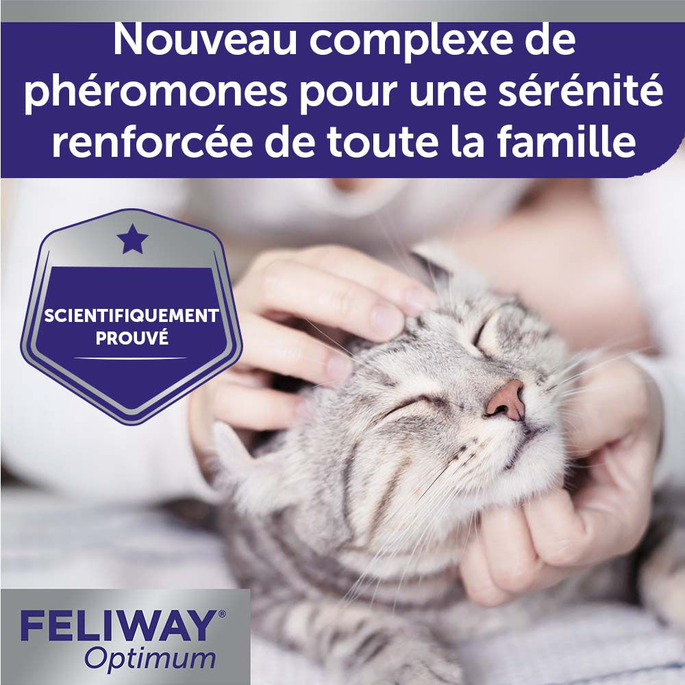 Feliway Optimum. Tekst: Wetenschappelijk bewezen. Kat wordt geaaid. Productlogo.