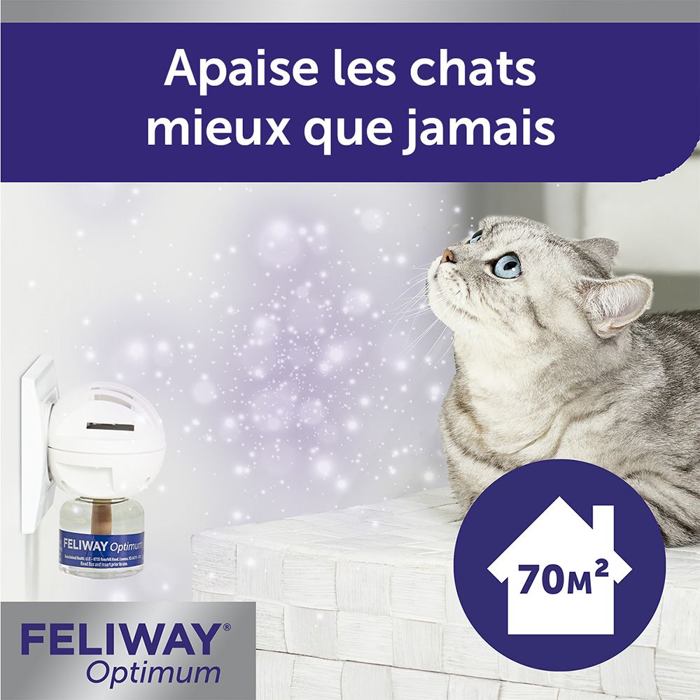Kat op de bank. Feliway Optimum diffuser. Tekst: Tot 70 m². Feliway Optimum logo.