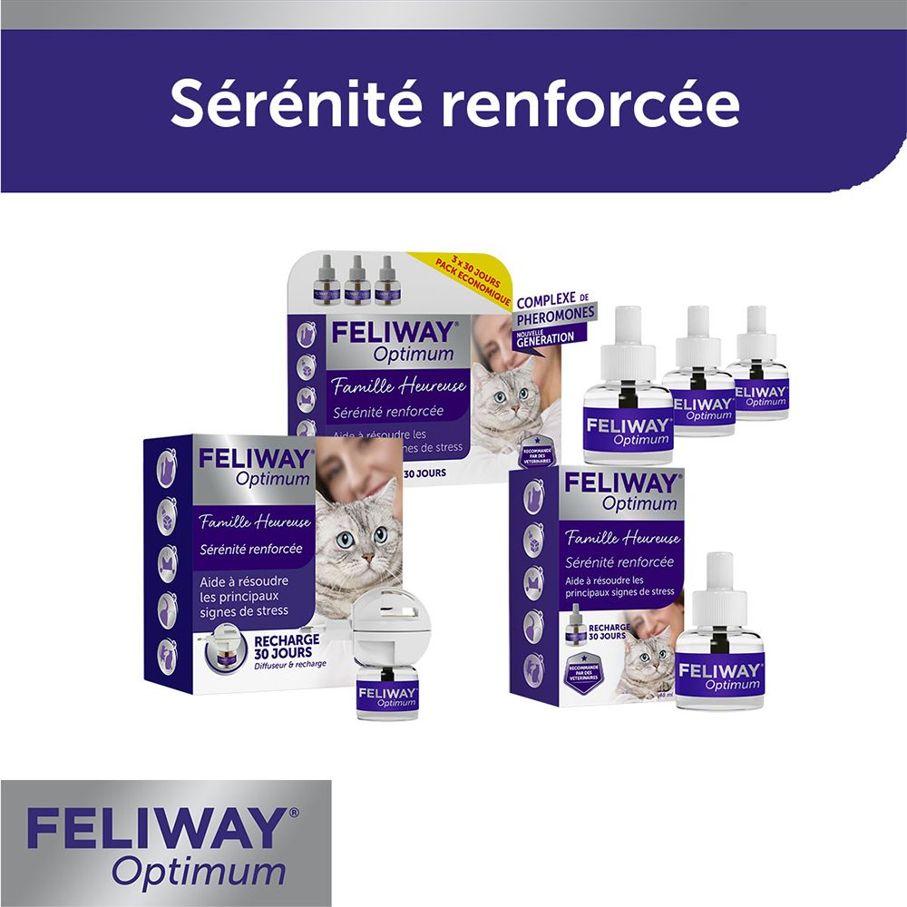 Verschillende Feliway Optimum producten: verpakkingen, diffusers. Tekst: Sérénité renforcée. Feliway Optimum logo.