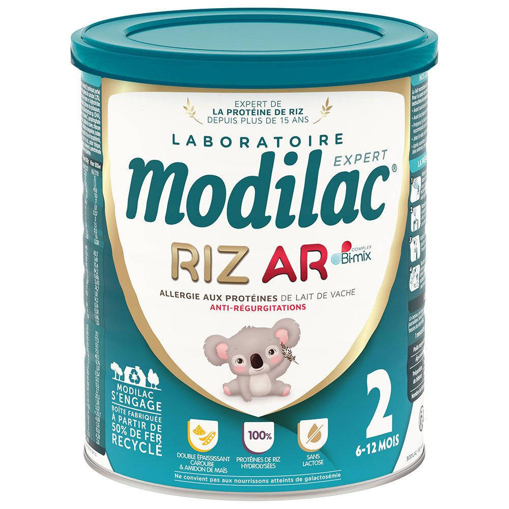 Modilac Expert Riz AR 2: boîte de lait infantile, 6-12 mois, anti-régurgitation, protéine de riz.