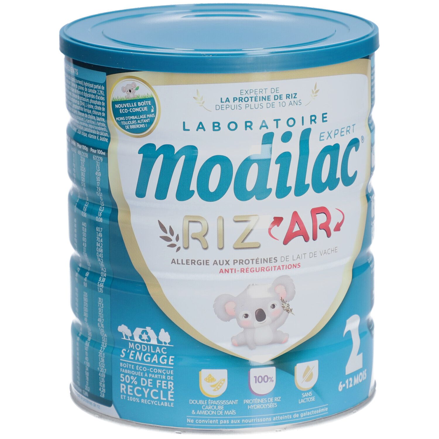 Modilac Expert Riz AR melkpoeder in blik. Opschrift: Allergie aux protéines de lait de vache, Anti-regurgitations. Met koala.