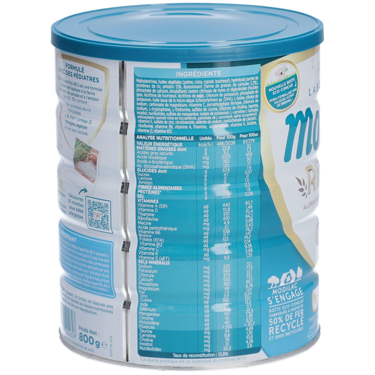 Achterkant van Modilac Expert Riz AR blik. Bevat ingrediëntenlijst en voedingswaarden. 800g. Met recyclinglogo.