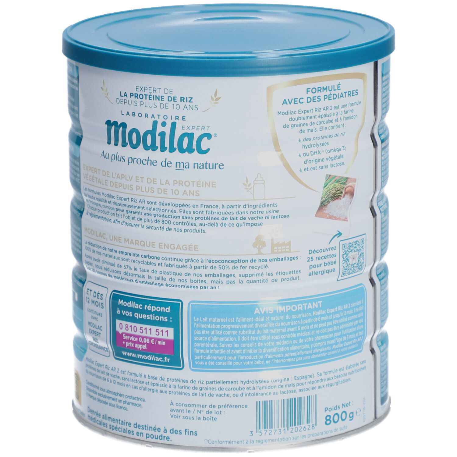 Achterkant van Modilac Expert Riz AR blik. Tekst over de formule en het merk. 800g. Met recyclinglogo.