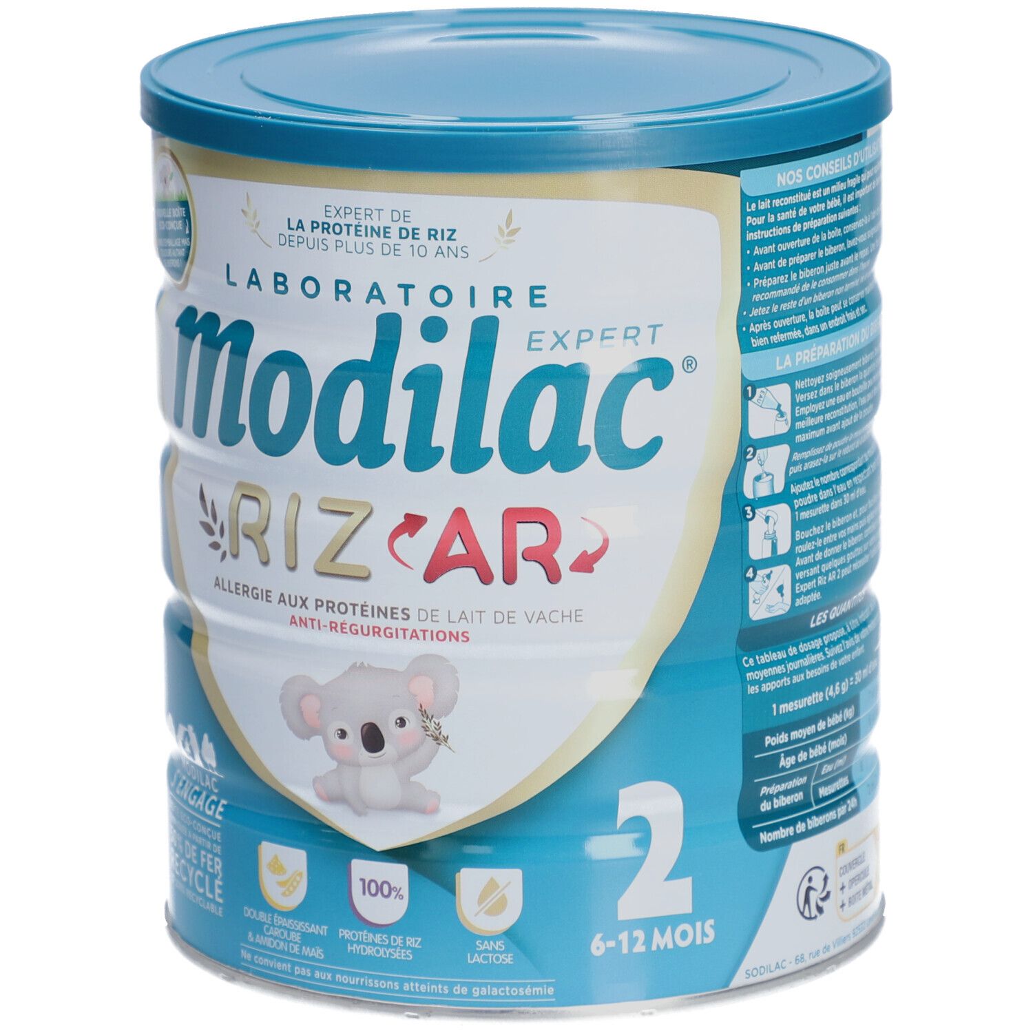 Modilac Expert Riz AR melkpoeder in blik. Opschrift: Allergie aux protéines de lait de vache, Anti-regurgitations. Met koala.