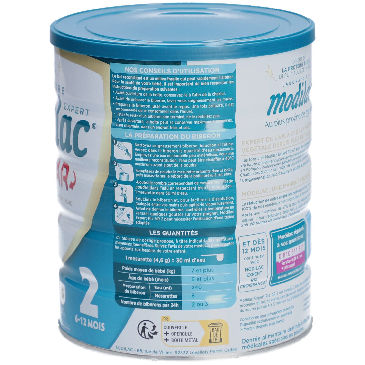 Achterkant van Modilac Expert Riz AR blik. Gebruiksaanwijzing en doseertabel. Met recyclinglogo.