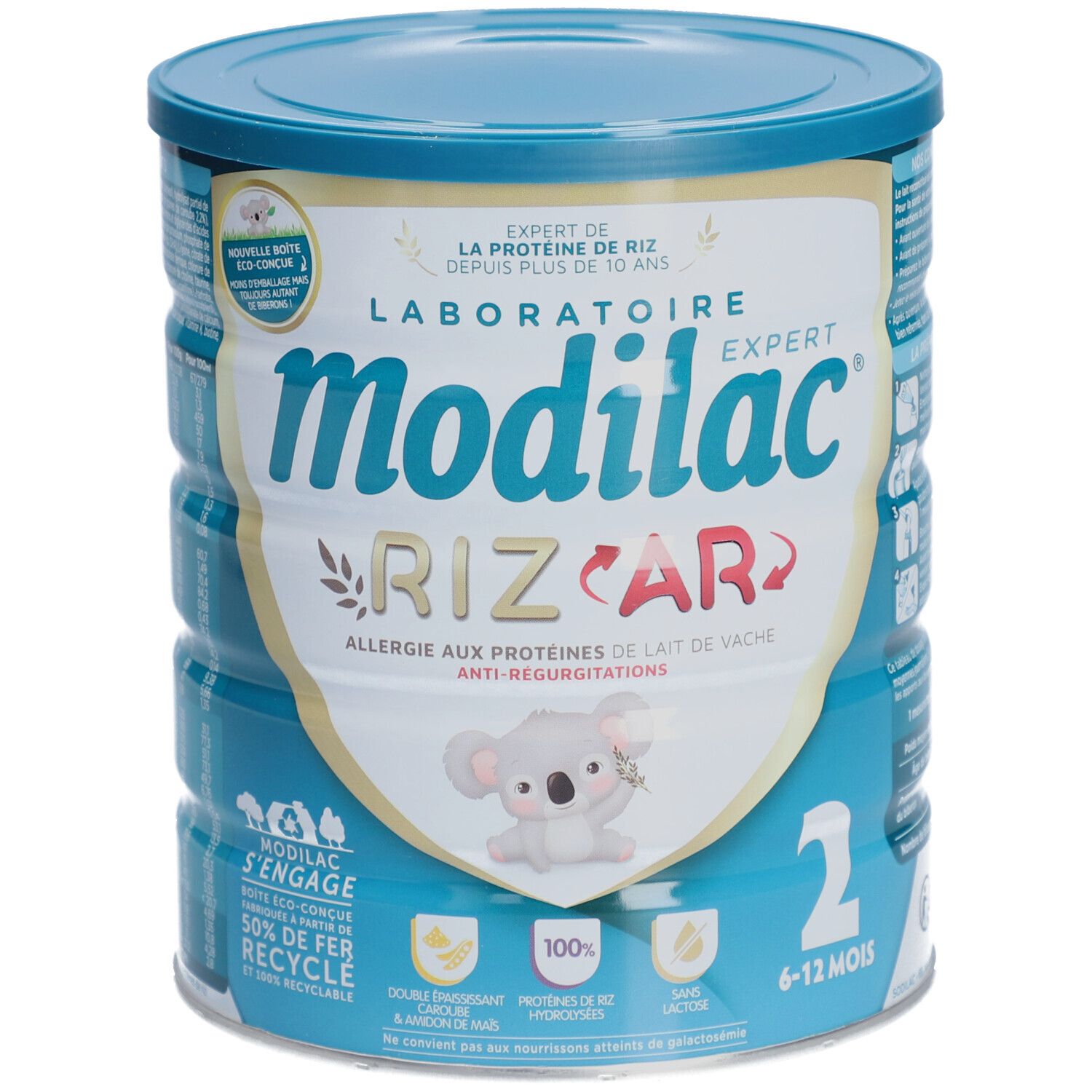 Modilac Expert Riz AR melkpoeder in blik. Opschrift: Allergie aux protéines de lait de vache, Anti-regurgitations. Met koala-illustratie.