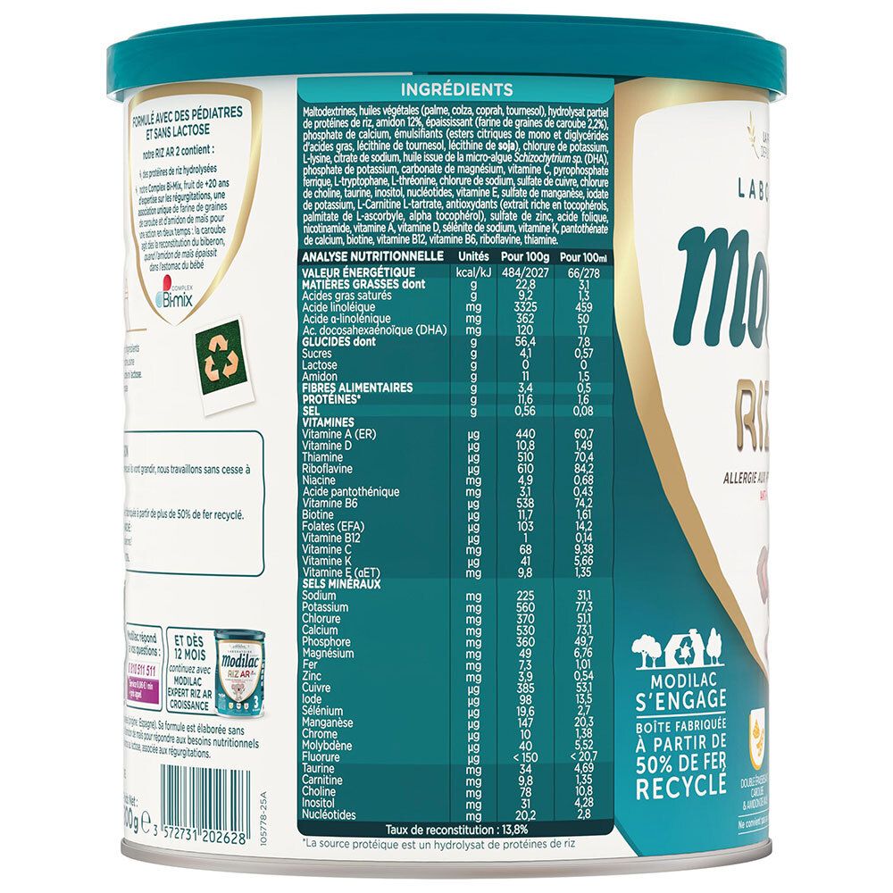 Modilac Expert Riz AR 2: arrière de la boîte avec tableau nutritionnel et ingrédients.