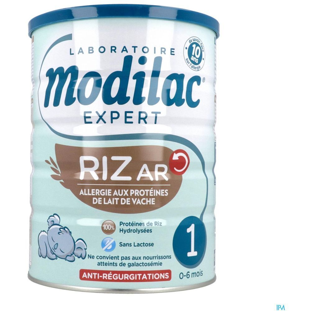 Modilac Expert 1 Riz AR-blik, 0-6 maanden. Opschrift: Allergie aux protéines de lait de vache. Blik met blauw deksel.
