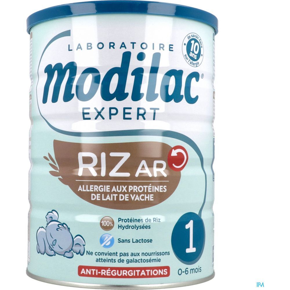 Modilac Expert 1 Riz AR-blik, 0-6 maanden. Opschrift: Allergie aux protéines de lait de vache. Blik met blauw deksel.