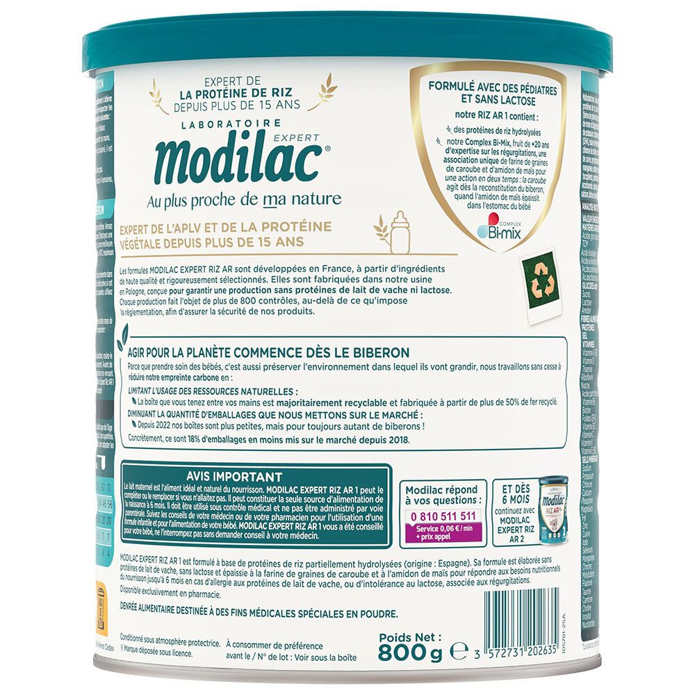 Achterkant van het blik Modilac Expert 1 Riz AR met productinformatie en recycling-symbolen.
