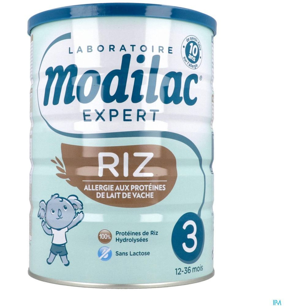 Boîte Modilac Expert 3 Riz, couvercle bleu. Inscription : Riz, Allergie aux protéines de lait de vache. Illustration koala.