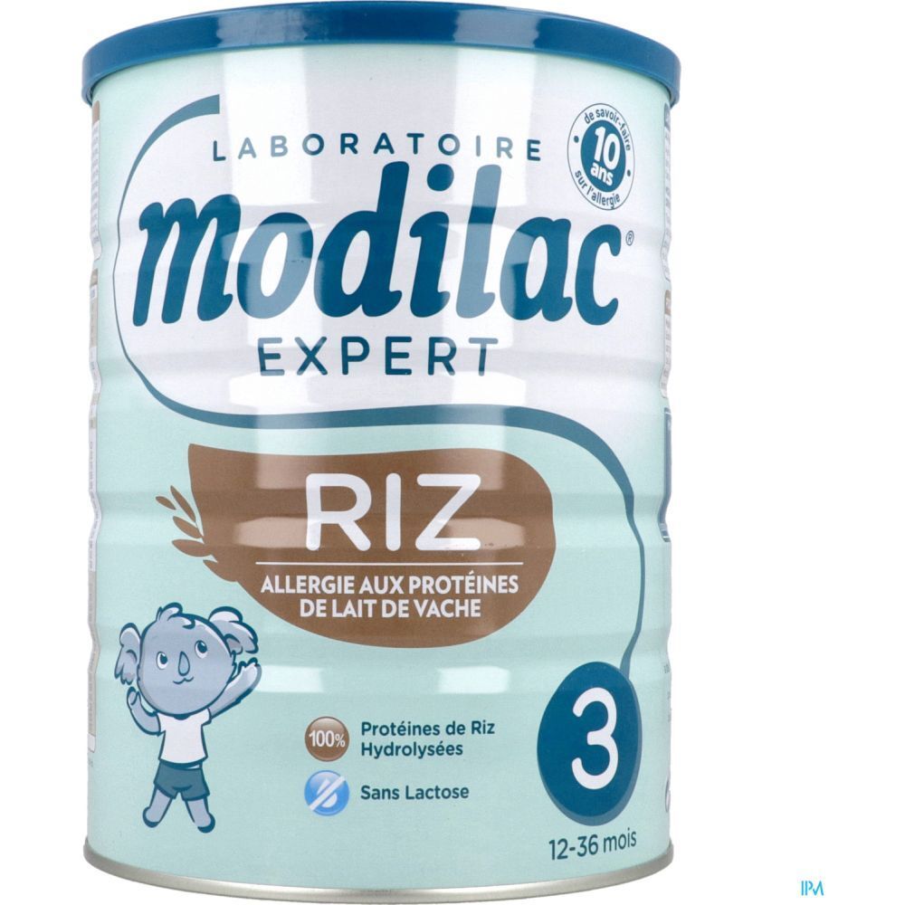 Boîte Modilac Expert 3 Riz, couvercle bleu. Inscription : Riz, Allergie aux protéines de lait de vache. Illustration koala.