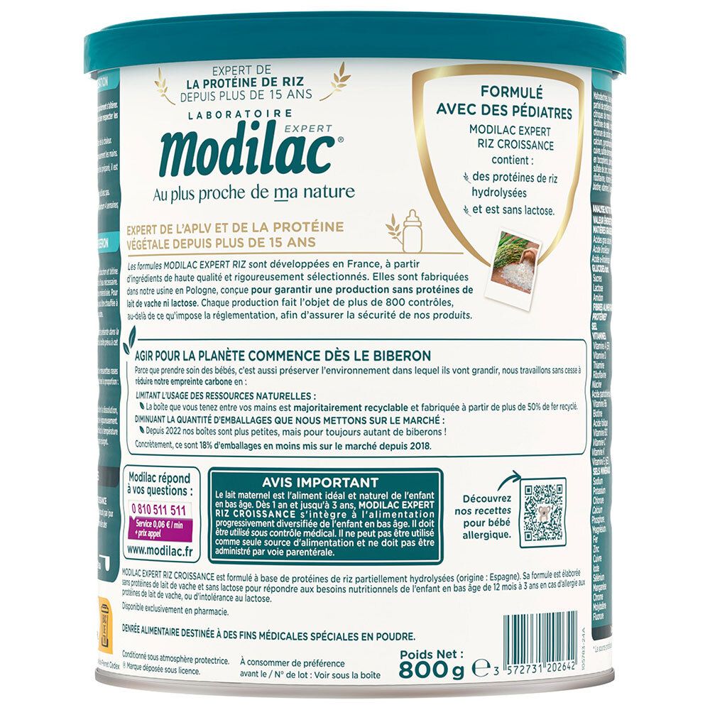 Modilac Expert 3 Rijst achterkant: informatie over ingrediënten en productie voor babyvoeding.