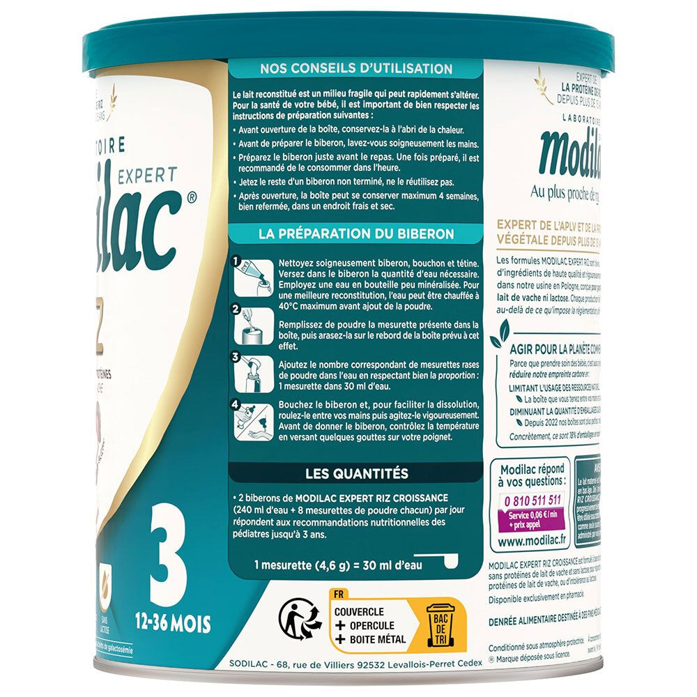 Modilac Expert 3 Rijst achterkant: bereidingsinstructies en dosering voor babyvoeding.