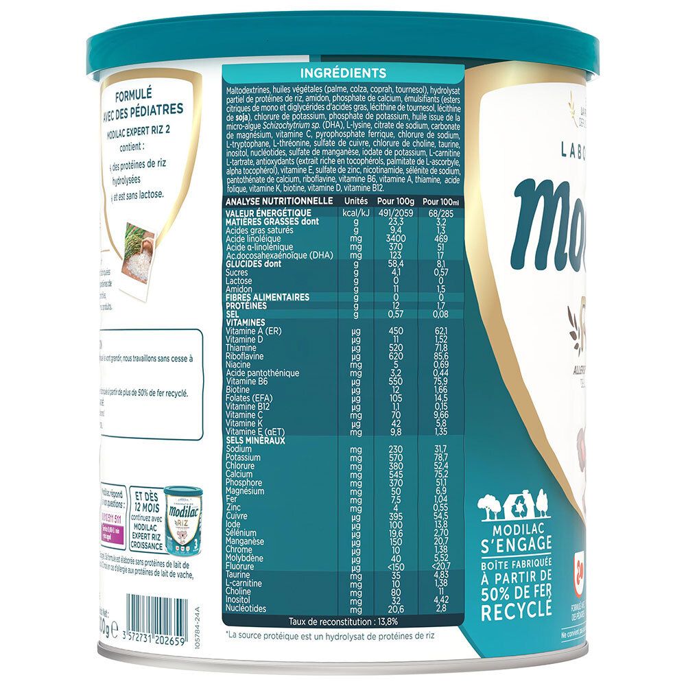 Ronde blauwe bus. Opschrift: Modilac Expert Riz, allergie aux protéines de lait de vache. Voor 6-12 maanden.
