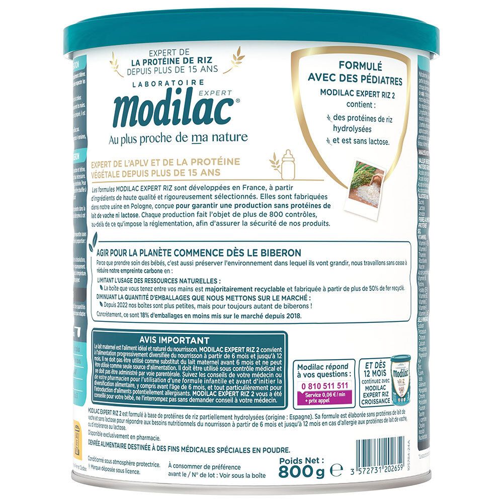 Ronde blauwe bus. Opschrift: Modilac Expert Riz, allergie aux protéines de lait de vache. Voor 6-12 maanden.