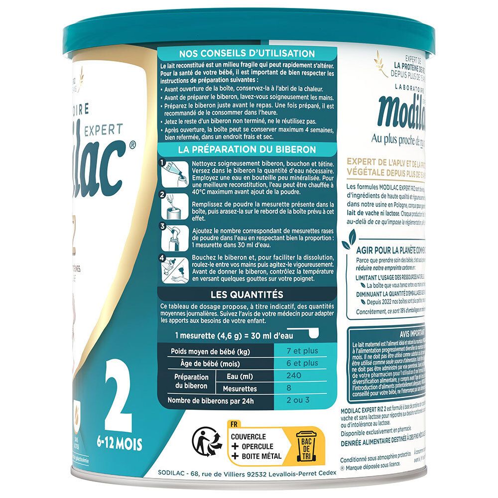 Ronde blauwe bus. Opschrift: Modilac Expert Riz, allergie aux protéines de lait de vache. Voor 6-12 maanden.