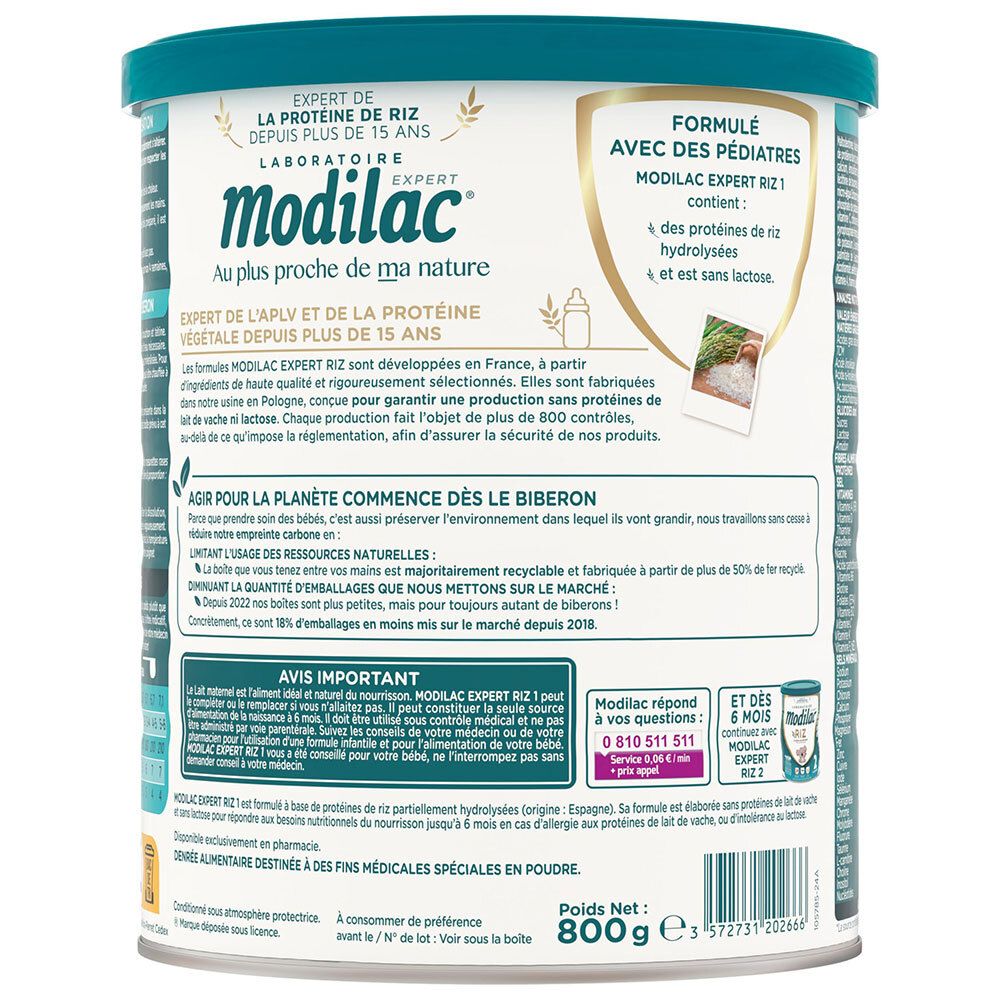 Achterkant van de Modilac Expert 1 Rijst blik met product- en milieu-informatie.