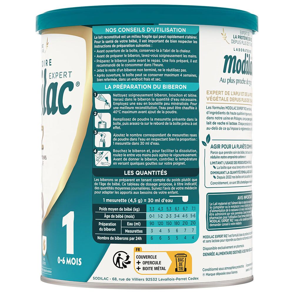 Zijkant van de Modilac Expert 1 Rijst blik met bereidingsinstructies en hoeveelheidstabel.