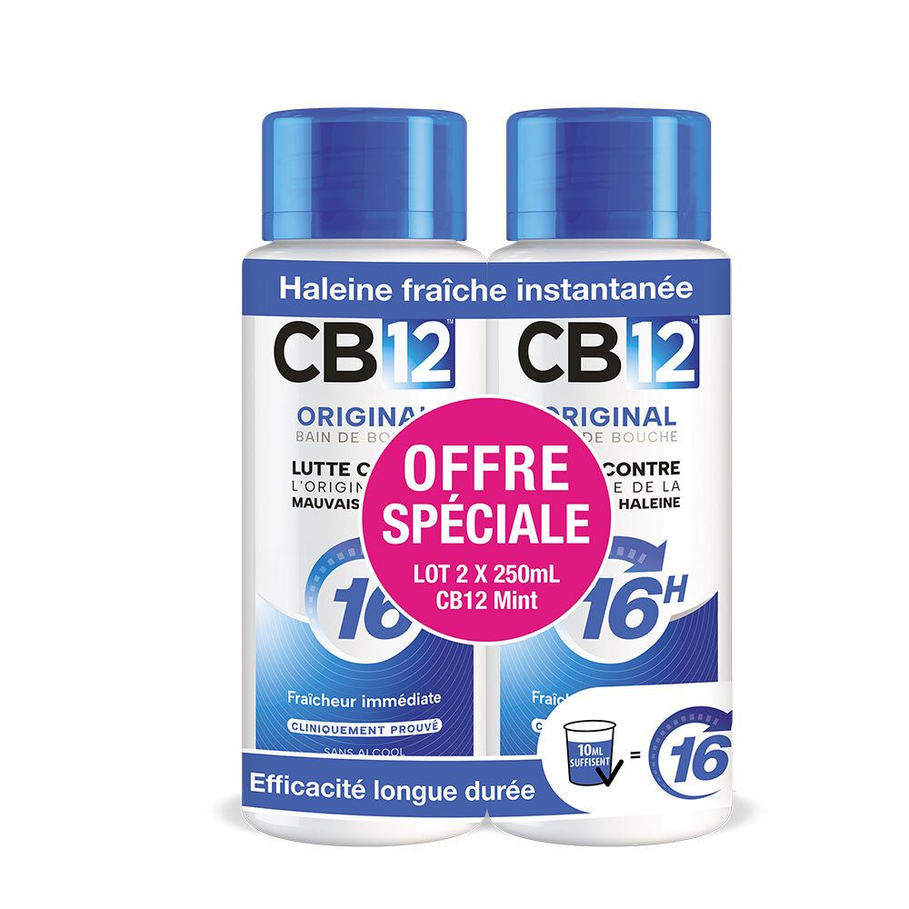 Deux flacons de bain de bouche CB12, étiquette "Offre Spéciale", fraîcheur 16h.