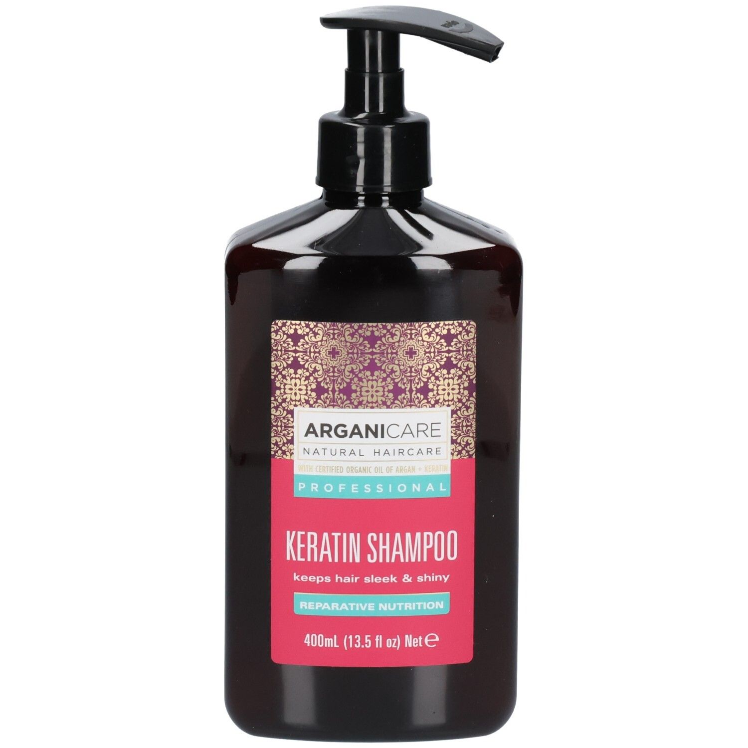Arganicare Keratine Shampoo fles met pompdos, 400ml. Herstellende voeding voor glanzend haar.