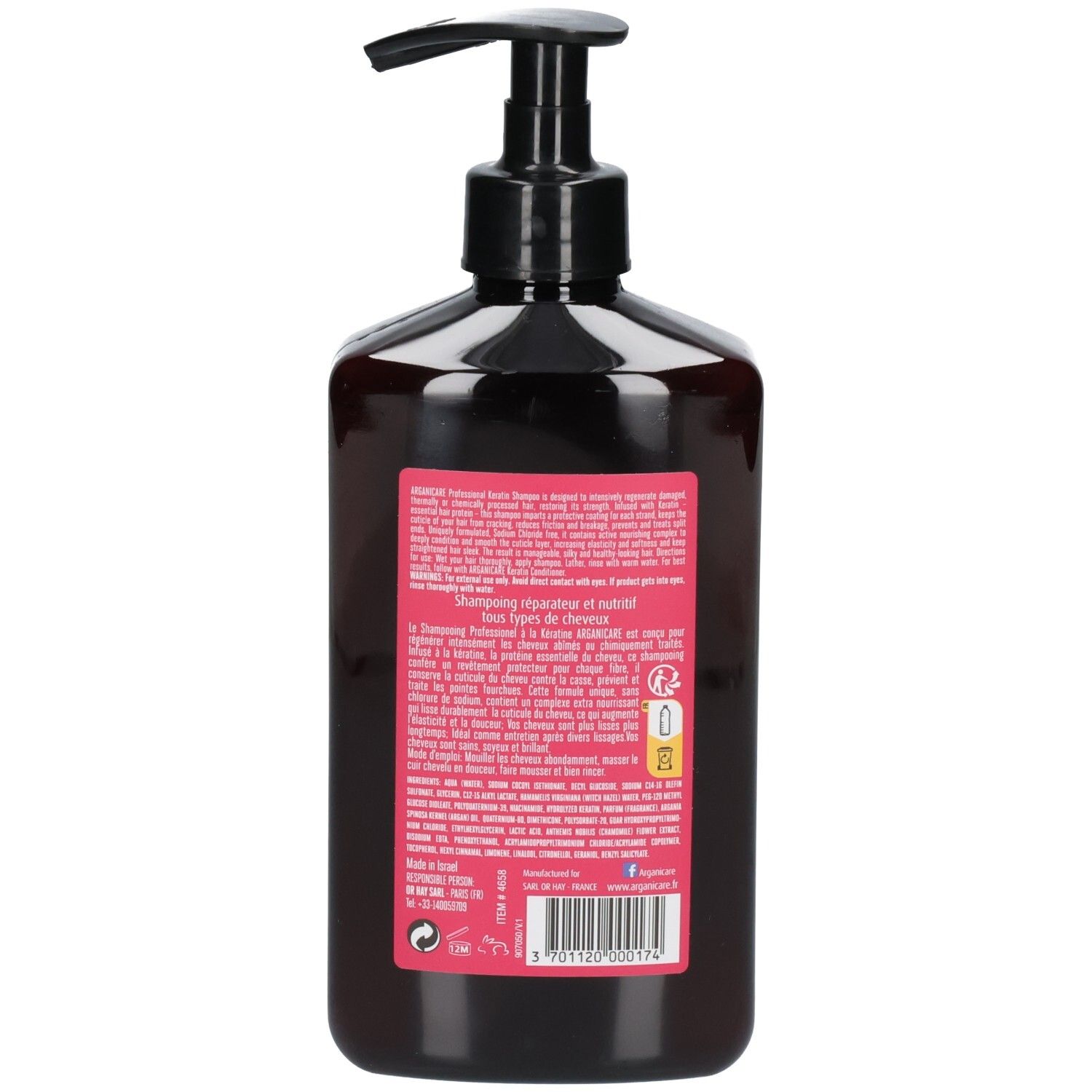 Achterkant van de Arganicare Keratine Shampoo fles met pompdos, 400ml. Bevat ingrediënten en gebruiksinstructies.