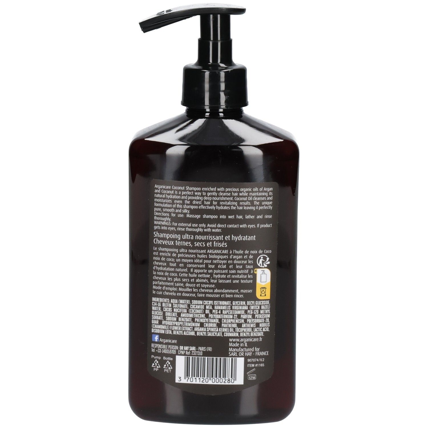Arrière d'un flacon pompe de shampooing Arganicare à la noix de coco avec informations produit.