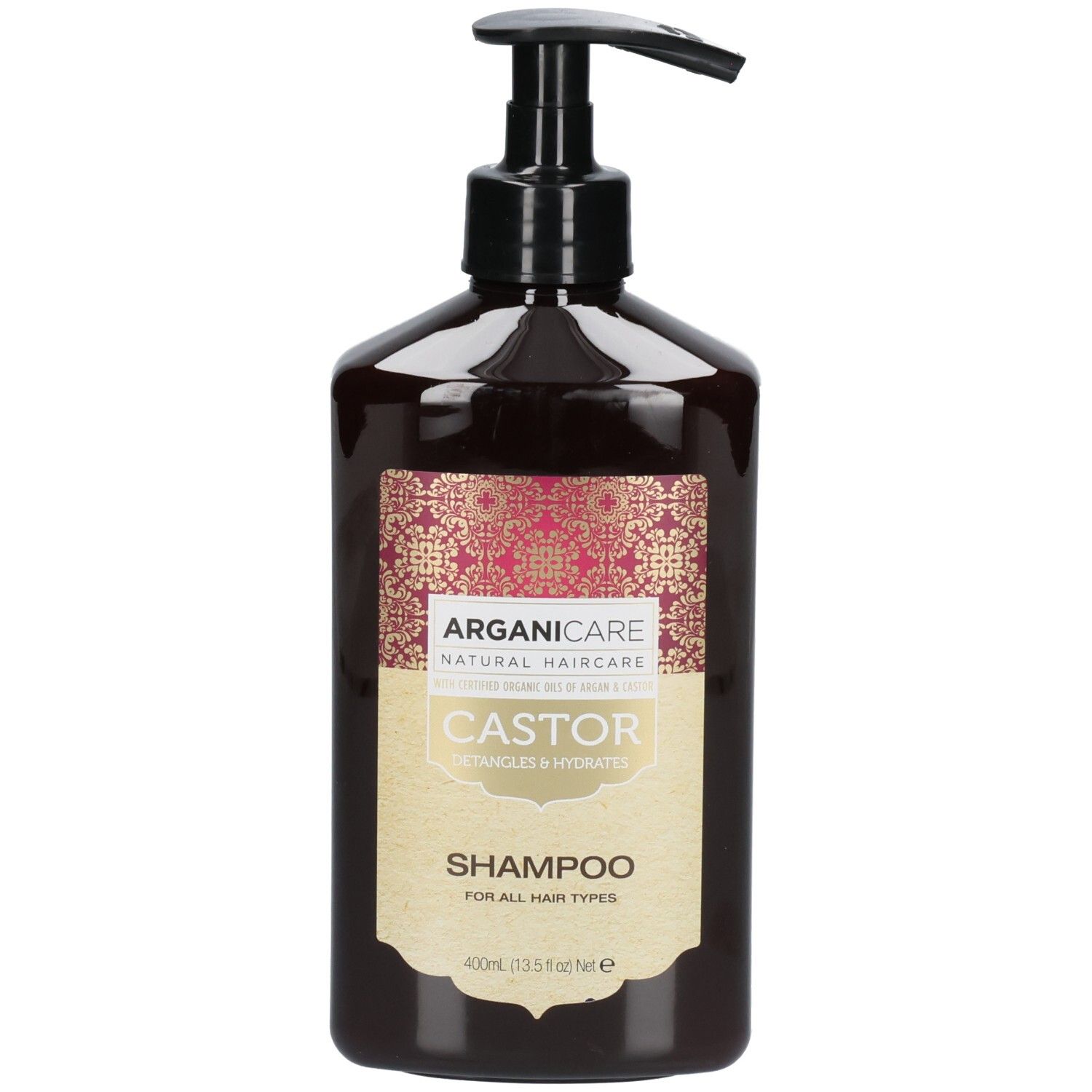 Arganicare Castor Oil Shampoo fles met pompdos. Goud-rood etiket met productinformatie.