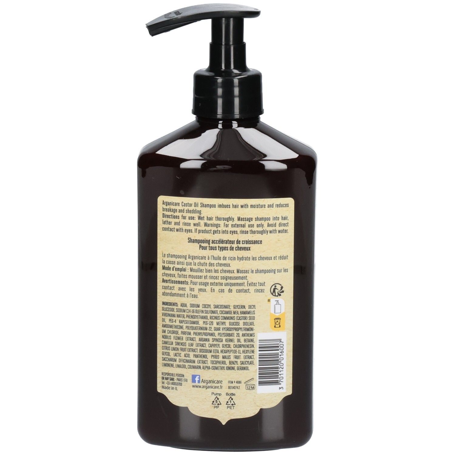 Achterkant van de Arganicare Castor Oil Shampoo fles met gedetailleerde gebruiksinstructies en ingrediënten.