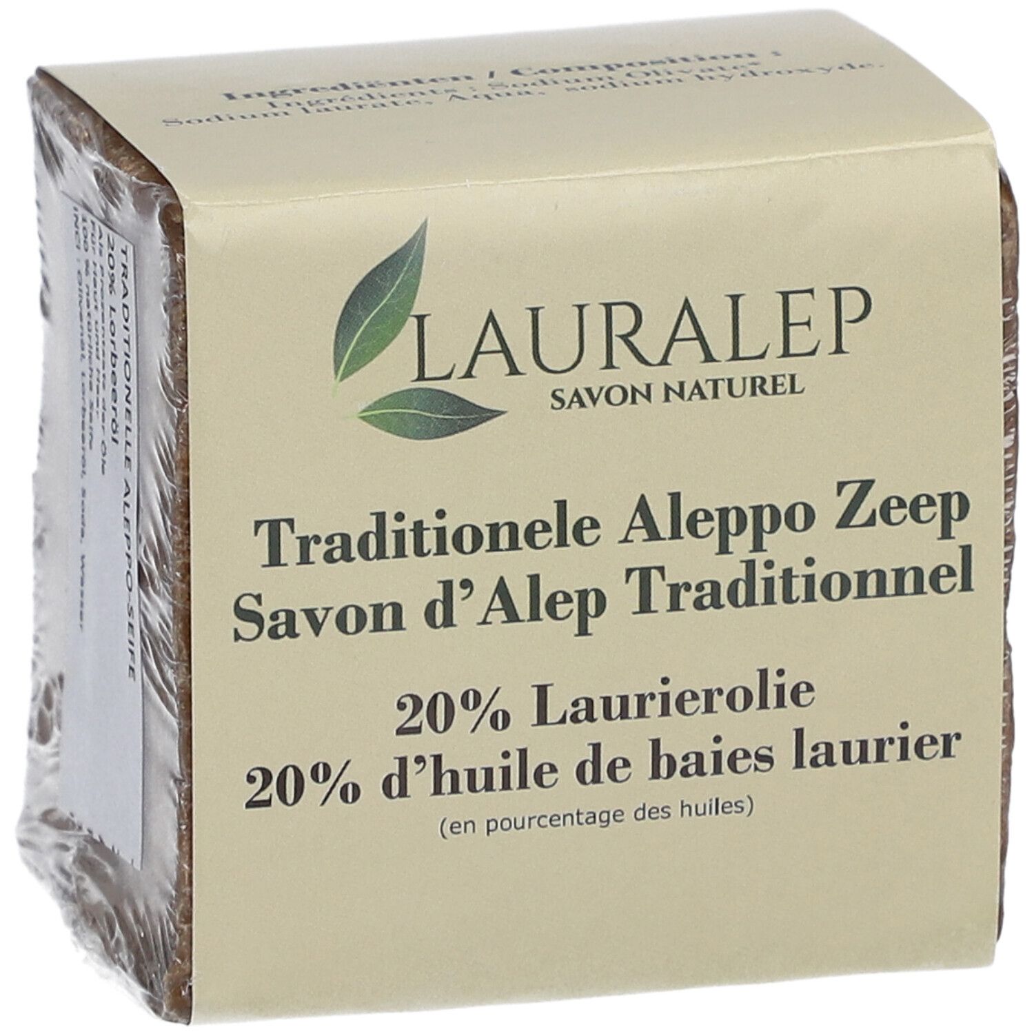 Blokzeep in verpakking. Opschrift: LAURALEP, Traditionele Aleppo Zeep, 20% laurierolie. Zijaanzicht.