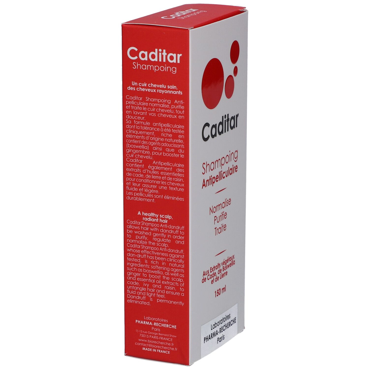 Boîte de shampooing CADITAR, blanc et rouge. Texte : "Shampoing Antipelliculaire", 150 ml. Description du produit en français. Vue latérale.