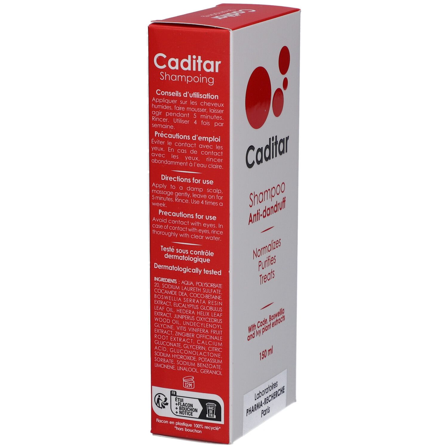 Boîte de shampooing antipelliculaire CADITAR. Design blanc et rouge. Inscription : "Shampoo Anti-dandruff", 150 ml. Testé dermatologiquement.