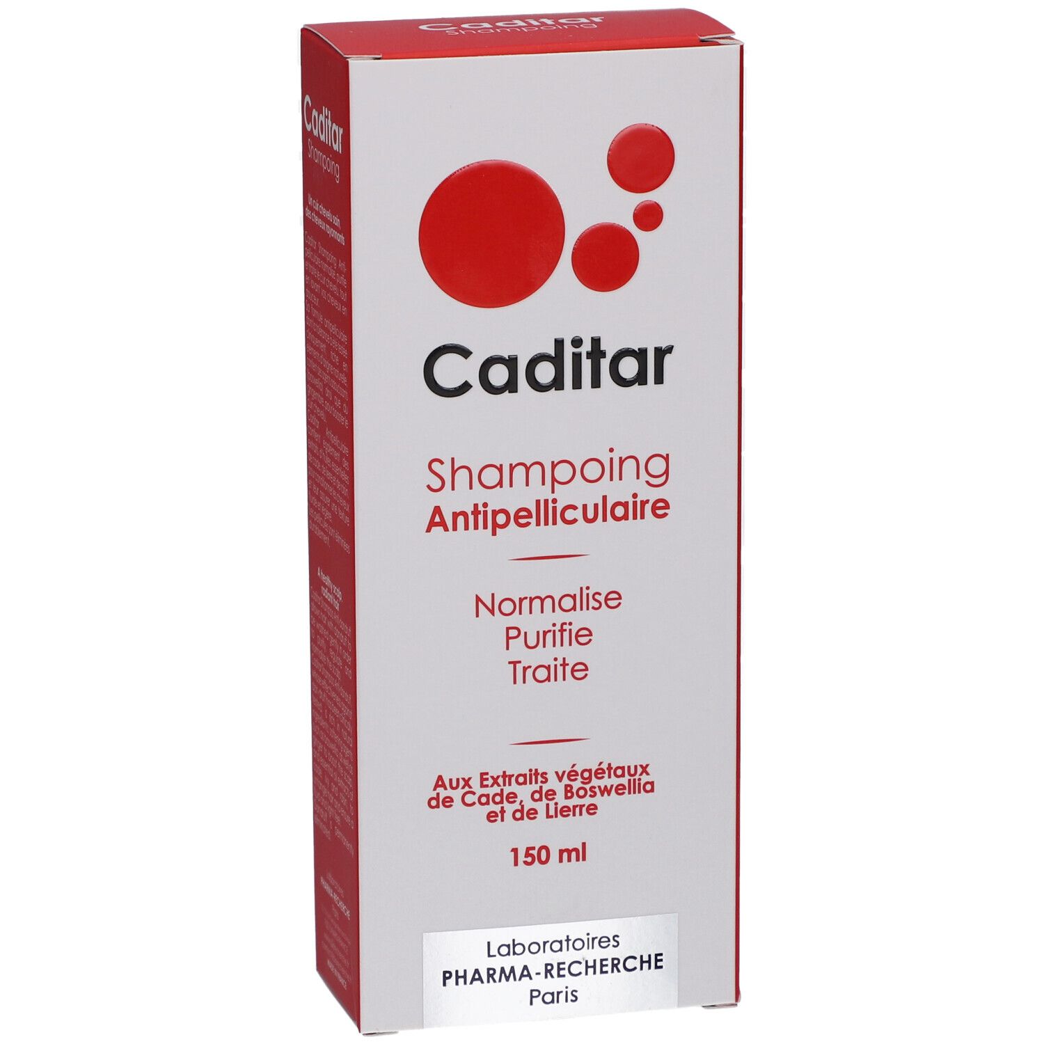 Boîte de shampooing antipelliculaire CADITAR. Design blanc et rouge. Inscription : "Shampoing Antipelliculaire", 150 ml. Avec extraits végétaux.