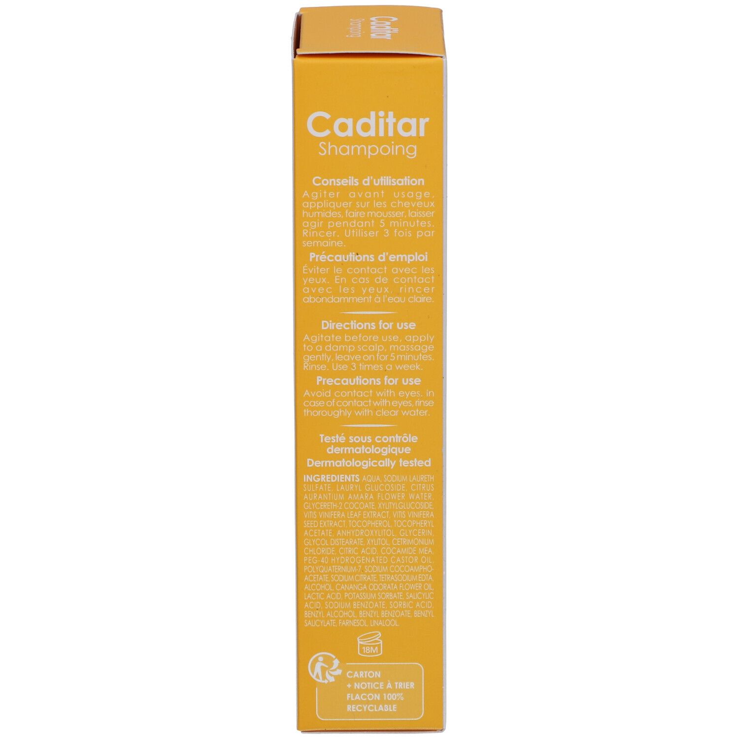 Emballage carton jaune avec texte. Contient des informations sur l'utilisation et les précautions.