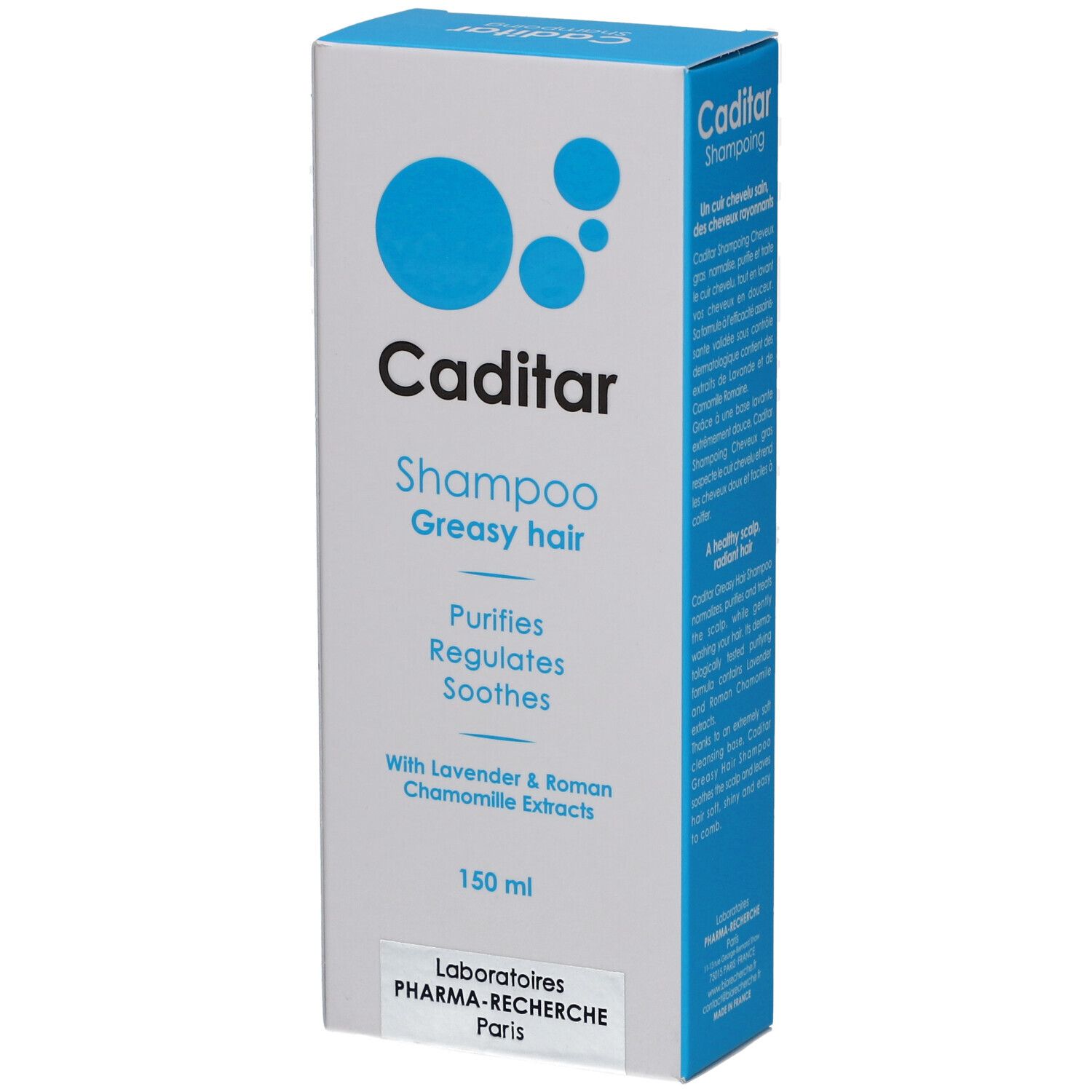 Doos van CADITAR Shampoo Greasy hair. Blauwe cirkels, productnaam, ingrediënten en 150 ml volume.
