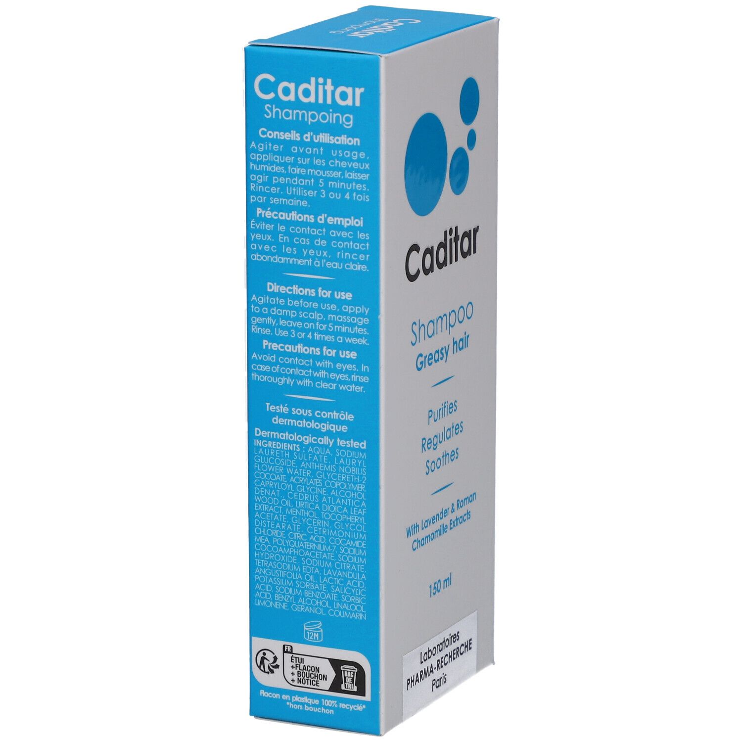 Doos van CADITAR Shampoo Greasy hair. Tekst, blauwe cirkels, productnaam, ingrediënten en 150 ml volume.