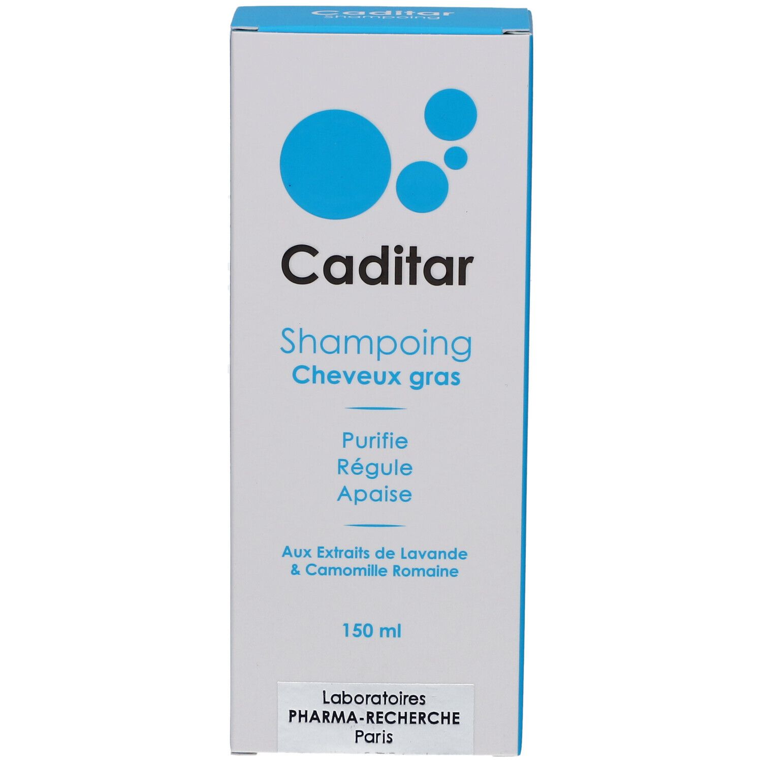 Doos van CADITAR Shampoing Cheveux Gras. Blauwe cirkels, productnaam, ingrediënten en 150 ml volume.